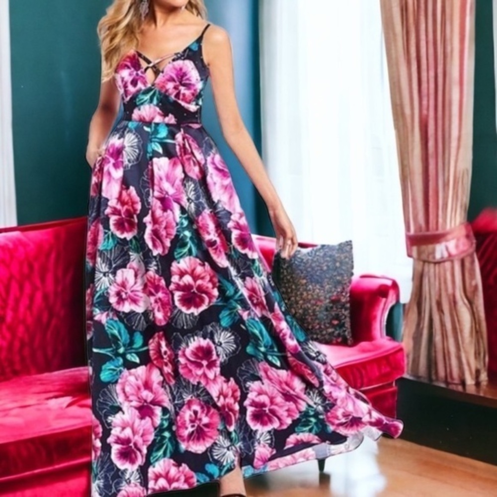 Pocket dress Multicolored rhinestone floral gown vneck floor length size small